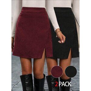 2 pack mini skirts small slit high waisted corduroy red & black